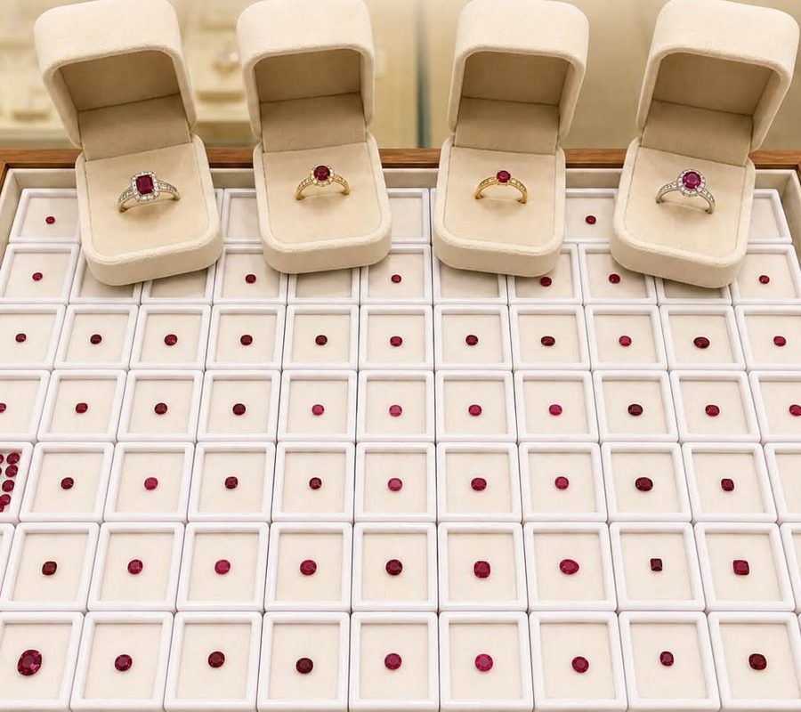 Quatre bagues au rubis dans leurs écrins, devant un plateau de rubis