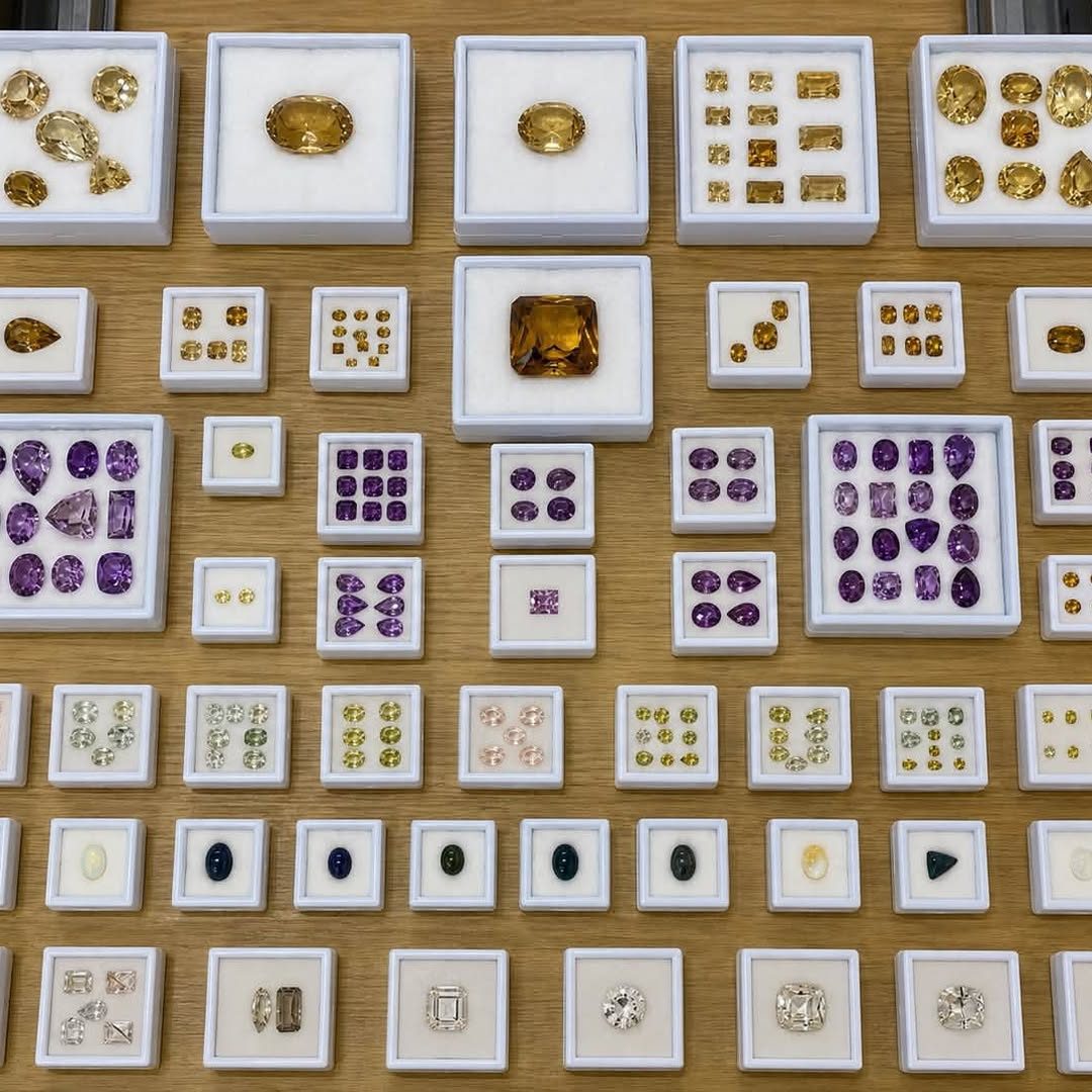 Citrines et améthystes dans leurs boîtes